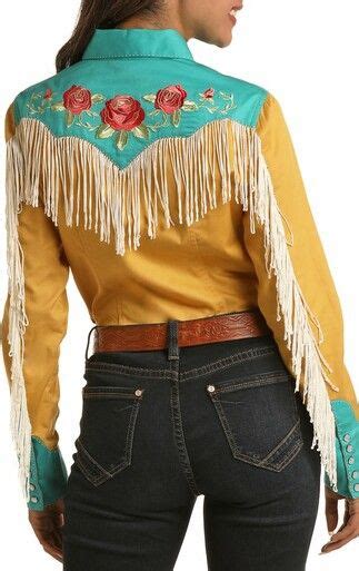 Womens Retro Fringe Long Sleeve Snap Shirt Rock And Roll Denim Rodeo Queen Clothes Vintage