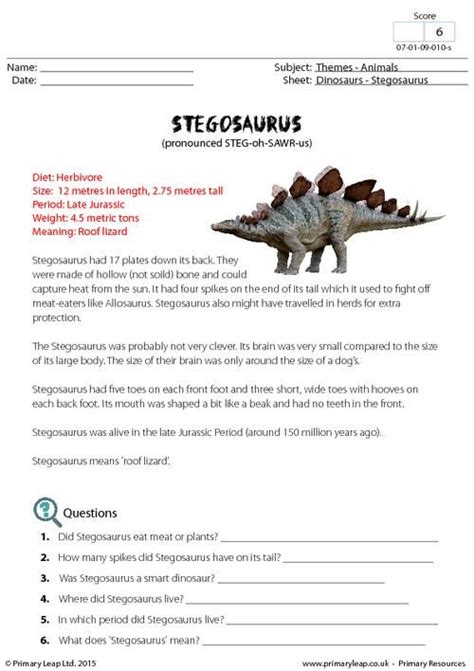 PrimaryLeap.co.uk - Fact Sheet - Stegosaurus Worksheet | Dinosaur