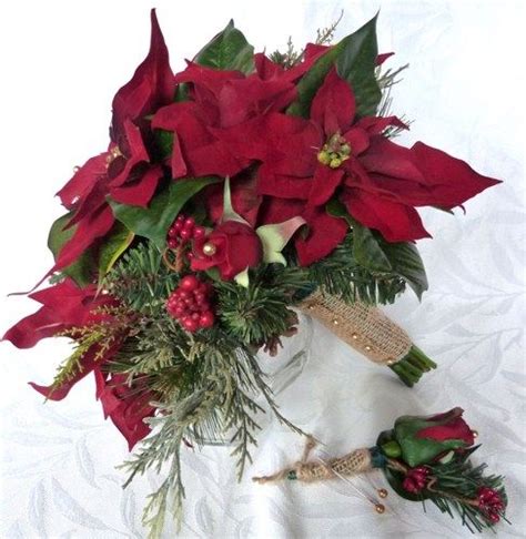 1 christmas wedding bouquet made from velvet red/off white roses, pine cones, red berries and juniper spray. Red poinsettia wedding bouquet set | Christmas bridal ...