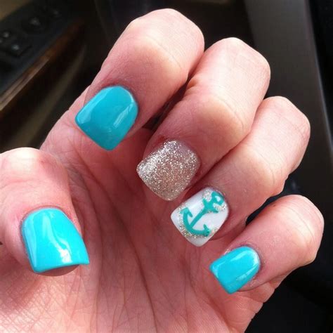 Aqua Blue With Glitter And An Anchor Cute Nail Designs Great Nails