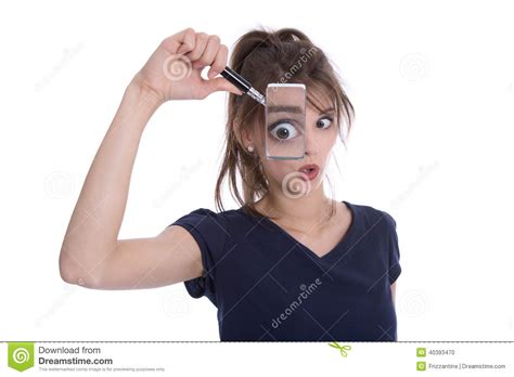 Disappointed Shocked Isolated Woman Holding Magnifying Glasses Stock