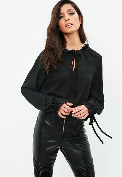 Lyst Missguided Black Tie Neck Blouse In Black