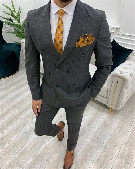buy gray slim fit double breasted pinstripe suit by bespokedailyshop
