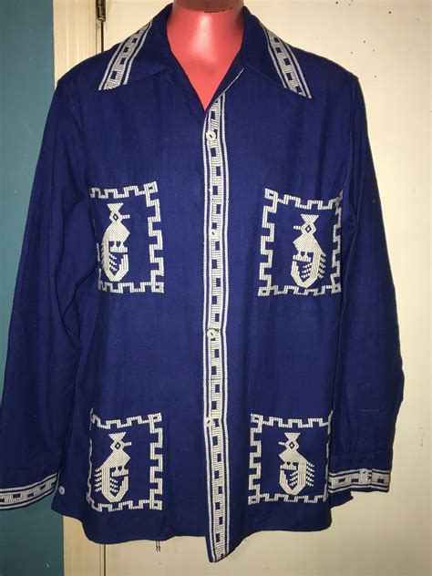 Vintage 1960s Mexican Embroidered Shirt Mens Bohemian Blue And White
