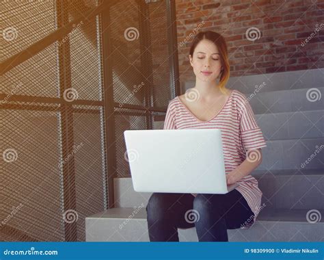 Young Freelancer Woman Using Laptop Computer Stock Photo Image Of