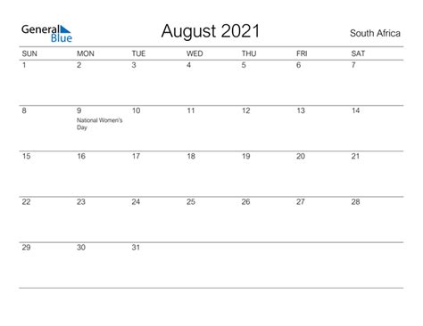 August 2021 Calendar With South Africa Holidays