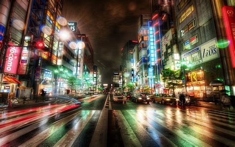 Japan Tokyo City Night Scene City Lights Migające Reklamy Ruchliwa