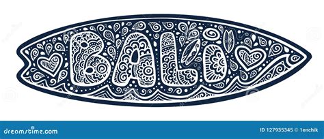 Vector Surfboard Silhouette With Doodle Style Bali Sign Waves And