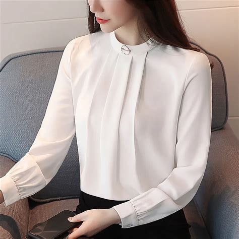 New 2019 Ol Women Blouse Formal White Shirt Solid Stand Collar Pleated Long Sleeve Chiffon Shirt