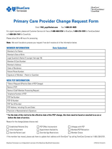 Tn Bluecare Primary Care Provider Change Request Form 2021 2022 Fill