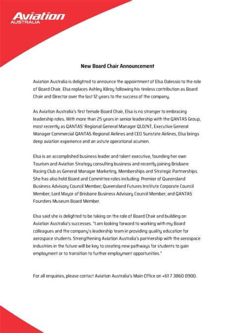 New Board Chair Announcement Aviation Australia