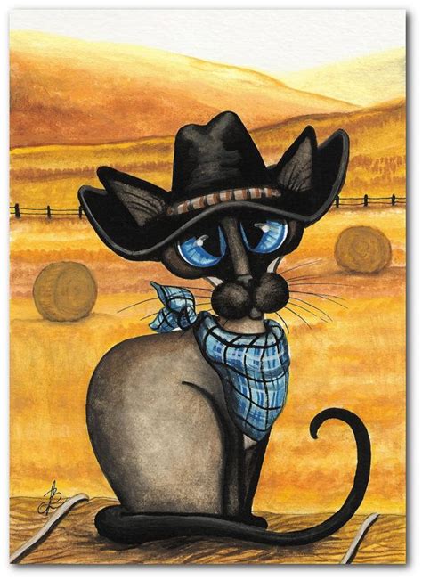 Siamese Cat Western Cowboy Hat Kitty Cat Art 5x7 By Amylynbihrle 15