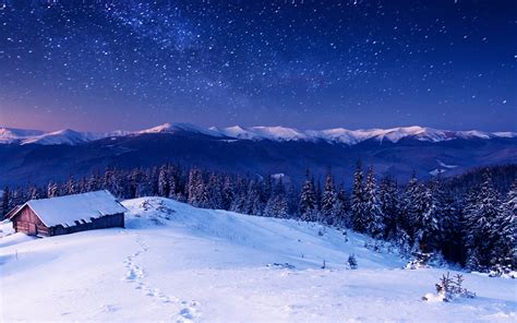 Stars Nature Mountains Night Snow Sky Winter Wallpaper Coolwallpapersme