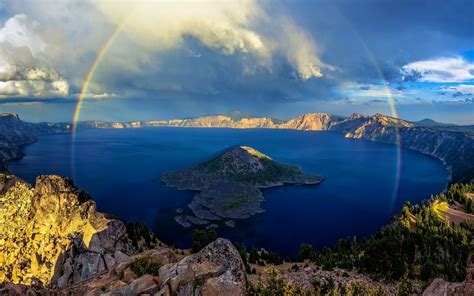 Online Crop Green Grass Covered Mountain Crater Lake Rainbows