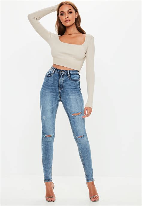 Tall Blue Sinner Vintage Wash Distressed Knee High Waisted Skinny Jeans