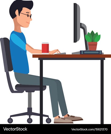 Man Working Sitting In Desk Computer Work Space Vector Image