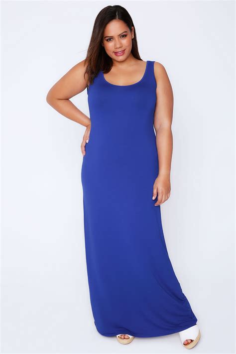 Blue Plain Sleeveless Jersey Maxi Dress Plus Size 16 To 32