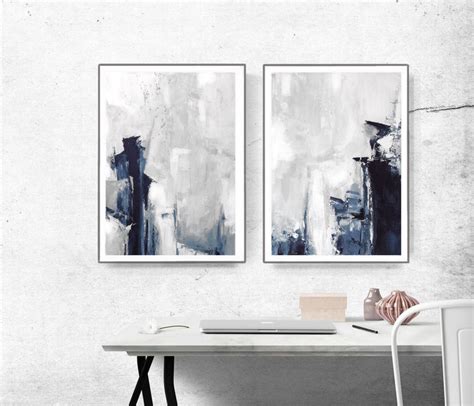 Grey Abstract Wall Art Set Of 2 Prints Modern Abstract Art Navy And