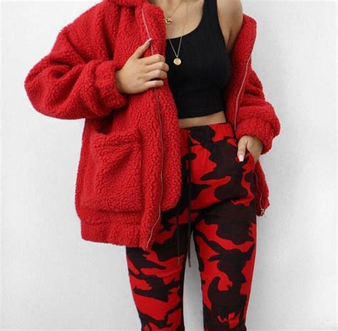 Baddie Outfit Idea For Instagram Fuzzy Red Winter Coat With Camo Red