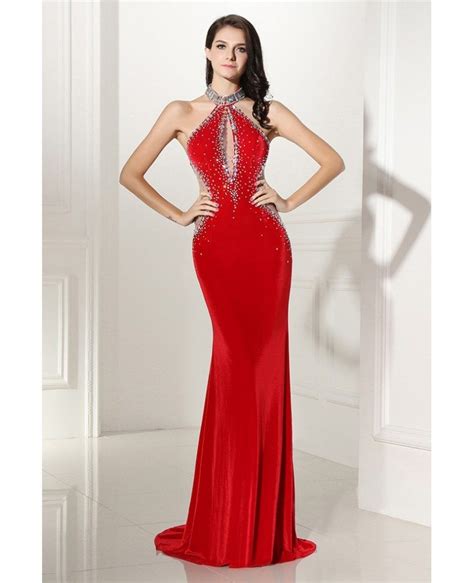 Beaded Long Halter Red Sleek Prom Formal Gown Sweep Train Lg0303