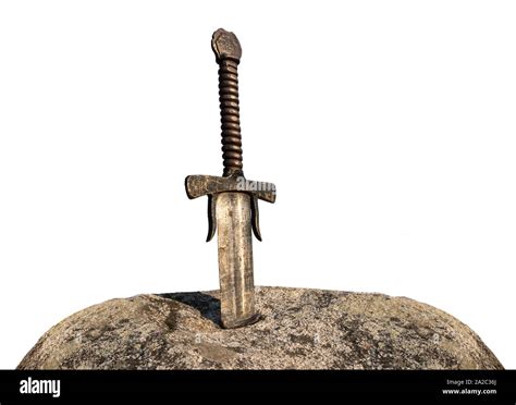 Excalibur King Arthur S Sword In The Stone Isolated On White Background Edged Weapons From The