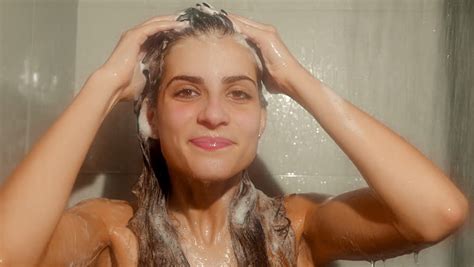 Young Woman Take Bubble Bathwashing Hair Stock Footage