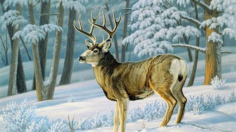 Art Oil Painting Drawing Winter Forest Cute Deer