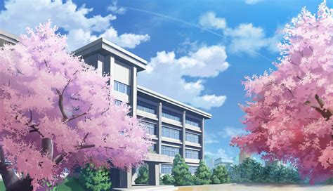 Wallpaper Anime School Building Sakura Blossom Clouds Gambaran