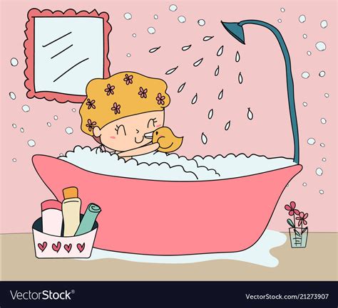 Doodle Hand Drawn Happy Girl Take Shower In Vector Image