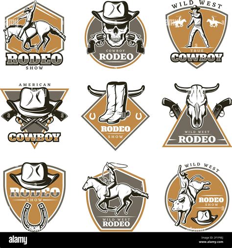 Colorful Vintage Rodeo Labels Set With Cowboys Riding Animals Weapon