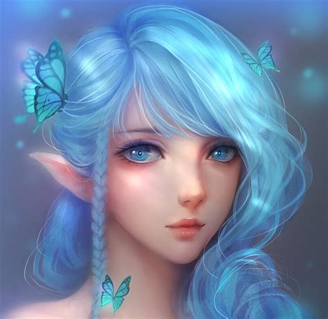 Elf Girl Fantasy Frumusete Butterfly Luminos Girl Face Blue