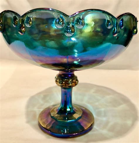 Antique Iridescent Blue Carnival Glass Fruit Compote