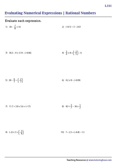Evaluating Expressions With Rational Numbers Worksheet