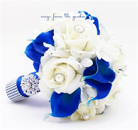 Royal Blue And White Bridal Bouquet Roses Calla Lilies Stephanotis With