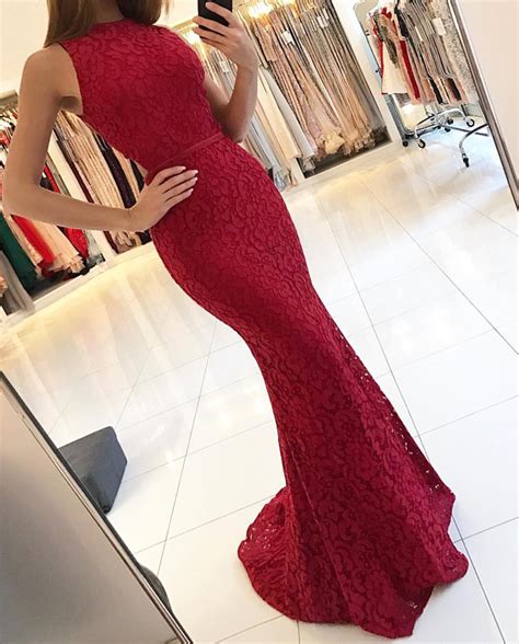 Red Appliques Lace Prom Dress Sexy Sleeveless Prom Dresses Long