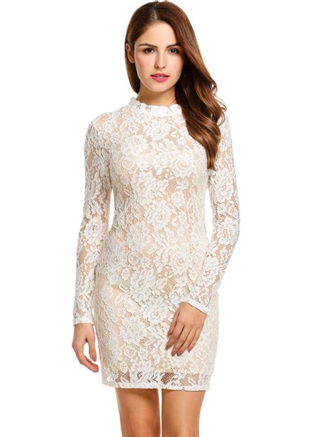 White Long Sleeve Floral Lace Cocktail Bodycon Pencil Party Dress