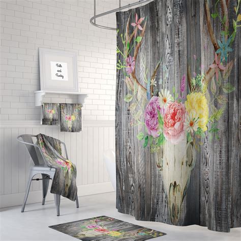 Rustic bathroom typically presents natural elements to experience calm and relax bathing time. Primitive Rustic Shower Curtain Faux Wood Deer Skull ...