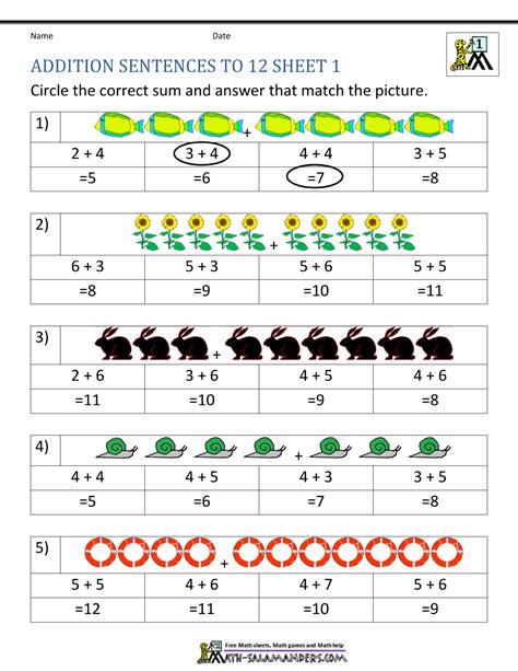 Math Worksheets For 1st Graders Addition