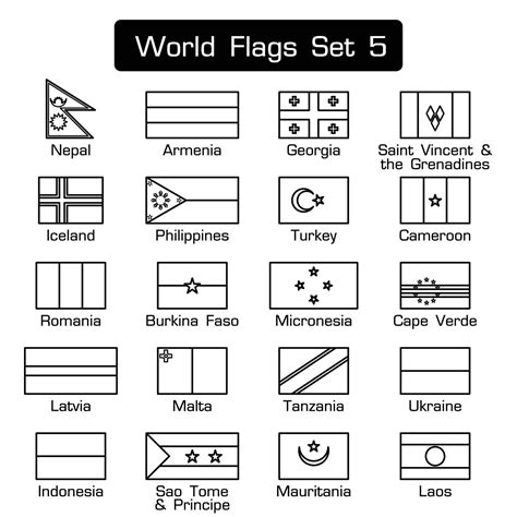 World Flags Set 5 Simple Style And Flat Design Thick Outline