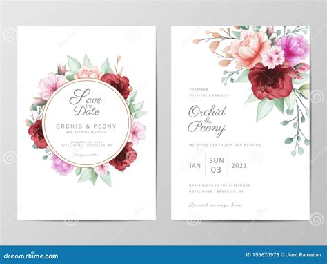 Wedding Invitation Cards Template Set With Watercolor Flowers Arrangement Floral Decoration