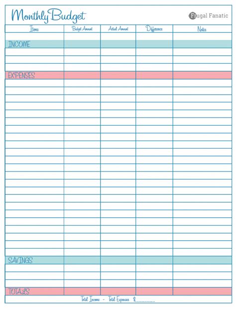 Free Monthly Budget Template Frugal Fanatic Free