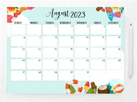 Editable August 2023 Calendar Printable Calendar Fillable Etsy