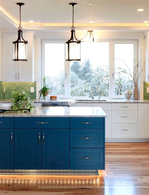 Light Bright Kitchen With Blue Cabinets And Lots Of Lighting