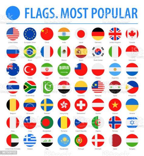 World Flags Vector Round Flat Icons Most Popular Stock Illustration
