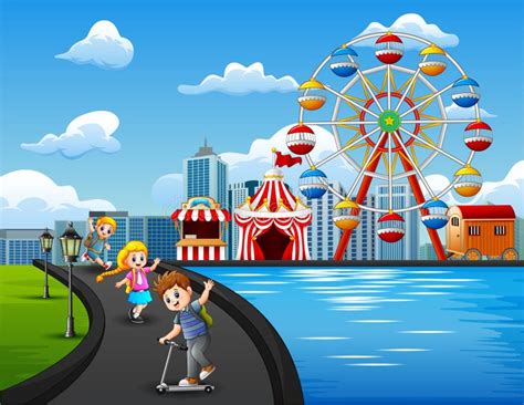 Cartoon Of Happy Kids Playing Outdoors With Amusement Park Background
