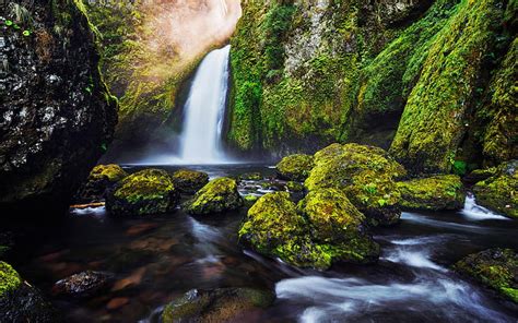 Massively Tiny Waterfall In Stuck River Rocks Closeup Moss