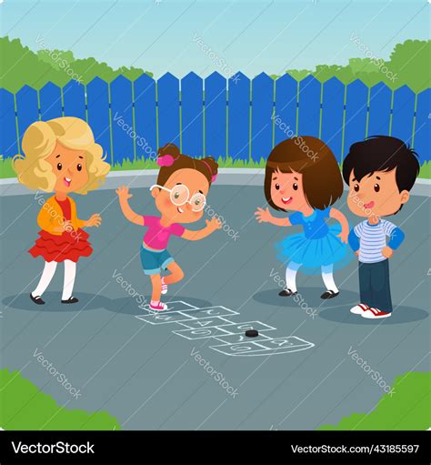 Kids Playing Hopscotch Game Outdoor Cartoon Vector Image