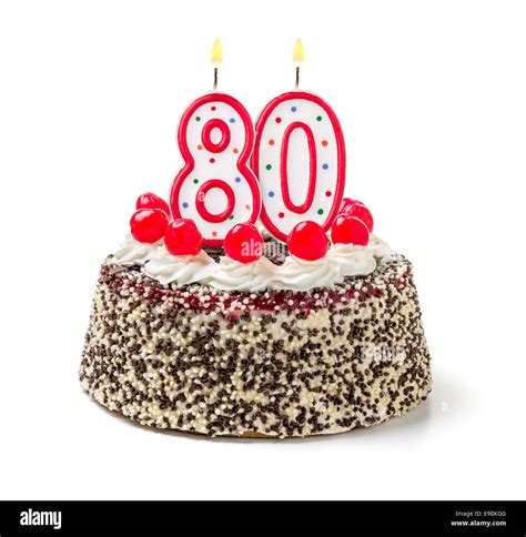Birthday Cake With Burning Candle Number 80 Stock Photo Alamy