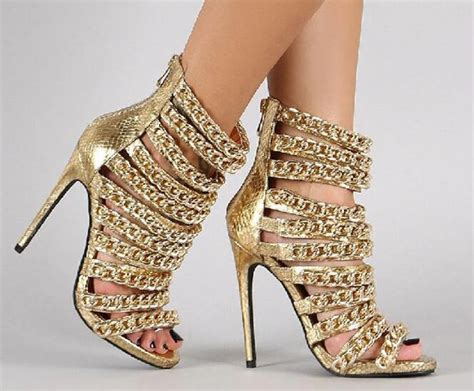 women fashion design gold chain high heel sandals zipper up open toe gladiator sandals dress