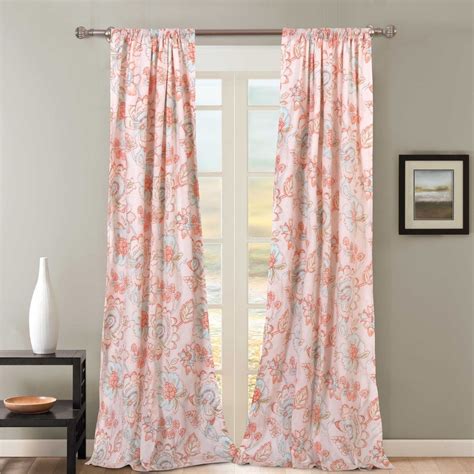 Set 2 Coral Pink Aqua Floral Window Curtains Panels Drapes 84 In Room